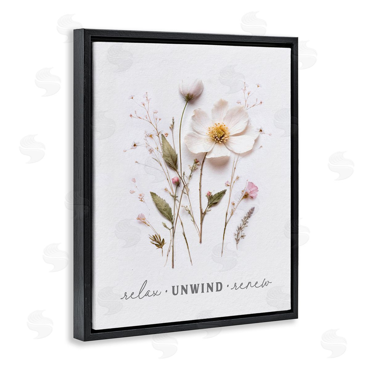 Lettered and Lined Relaxing Pressed Flowers Black Floating Frame Canvas Wall Art Print