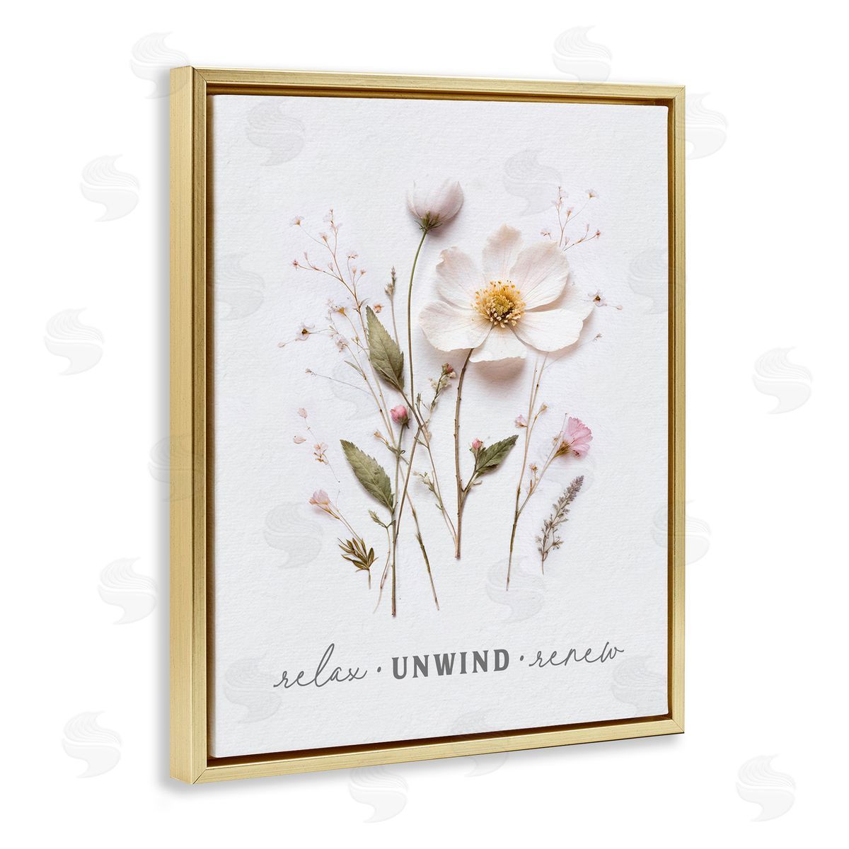 Lettered and Lined Relaxing Pressed Flowers Gold Floating Frame Canvas Wall Art Print