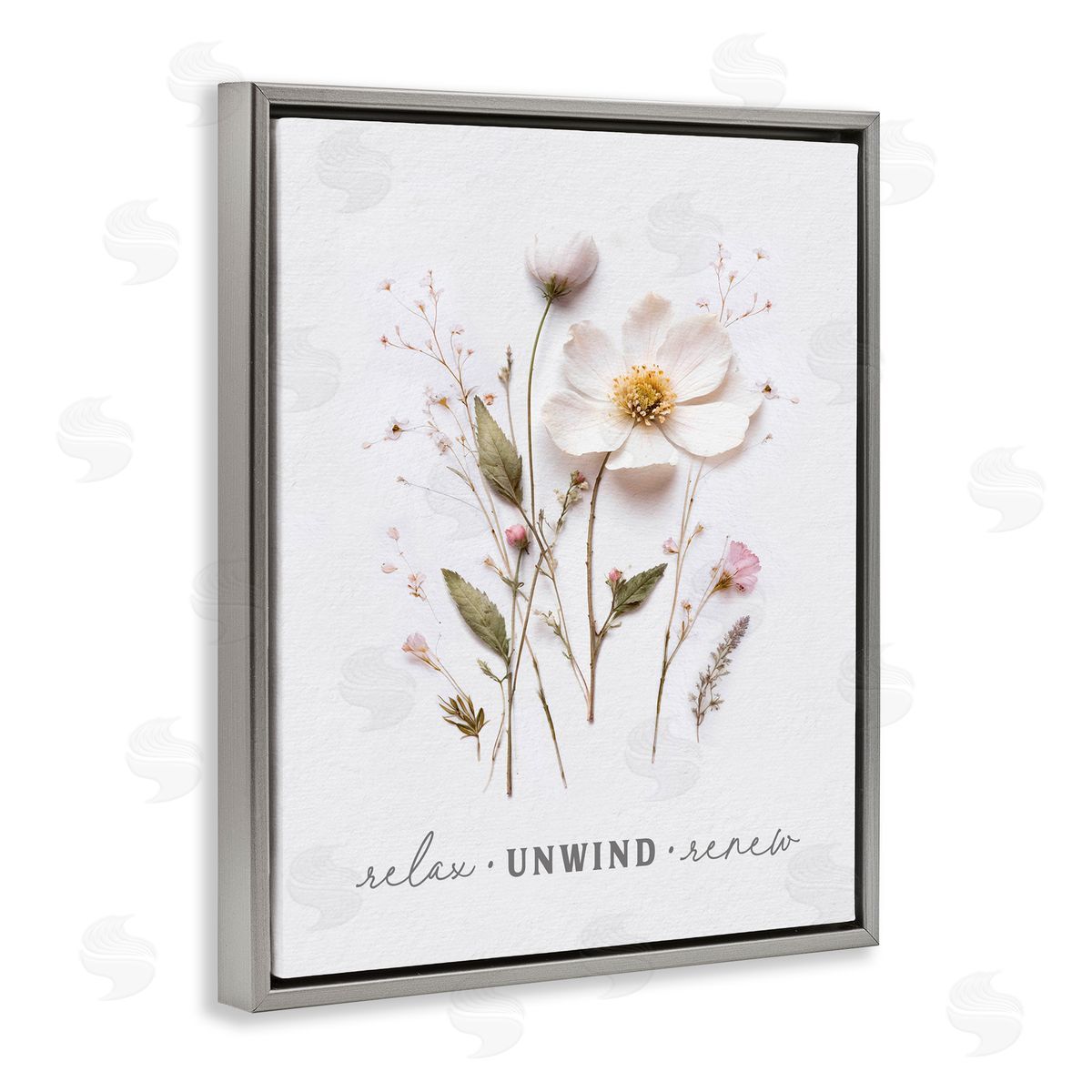 Lettered and Lined Relaxing Pressed Flowers Gray Floating Frame Canvas Wall Art Print