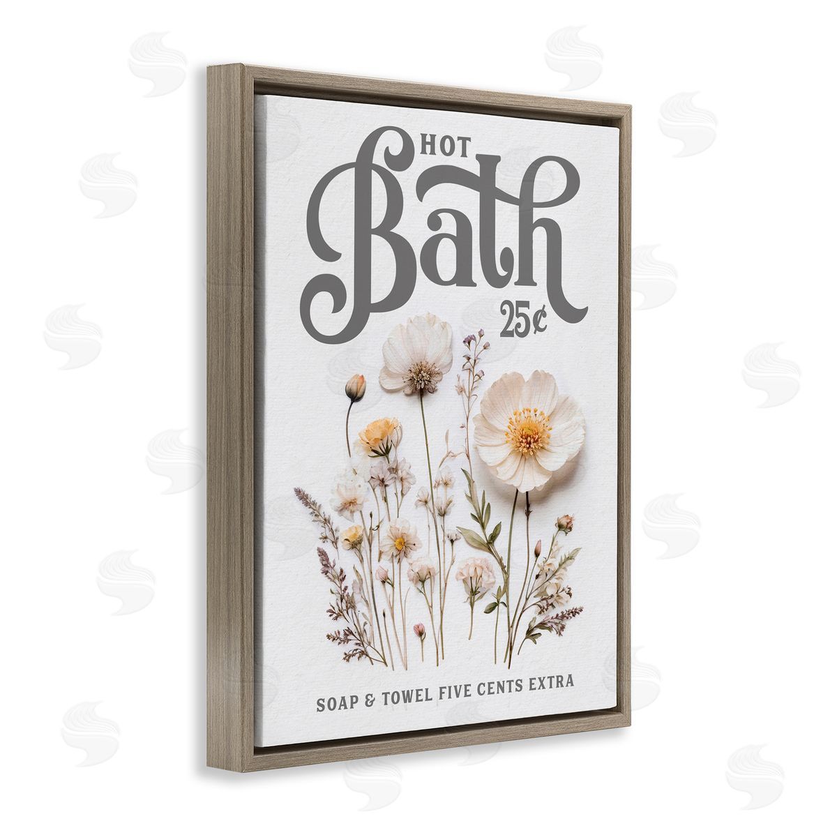 Lettered and Lined Pressed Flowers Hot Bath Brown Floating Frame Canvas Wall Art Print