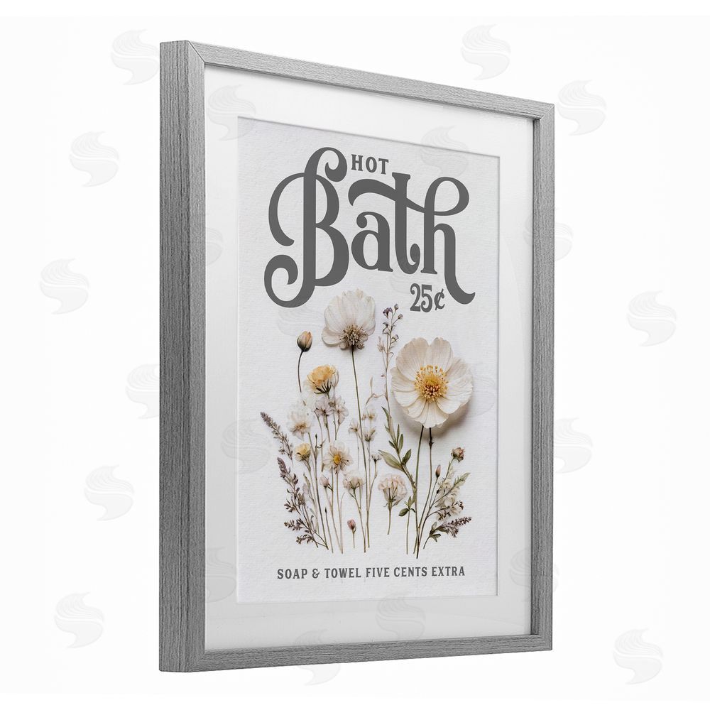 Lettered and Lined Pressed Flowers Hot Bath Gray Framed Print Under Glass Wall Art