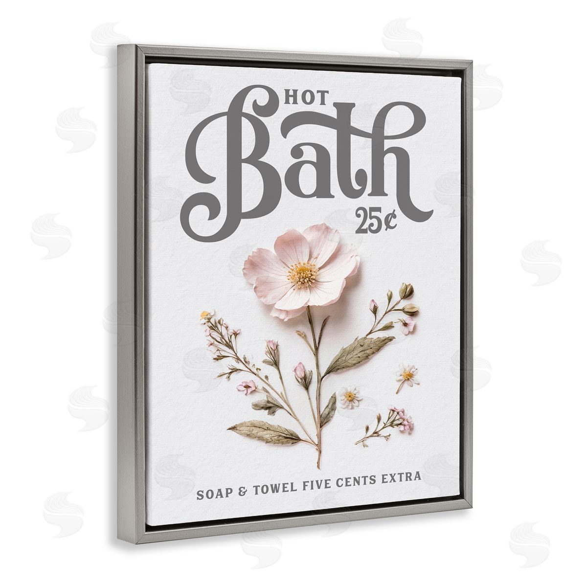 Lettered and Lined Pressed Flower Vintage Bath Gray Floating Frame Canvas Wall Art Print