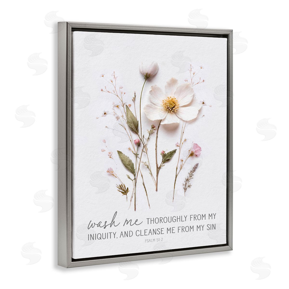 Lettered and Lined Pressed Flower Proverb Gray Floating Frame Canvas Wall Art Print