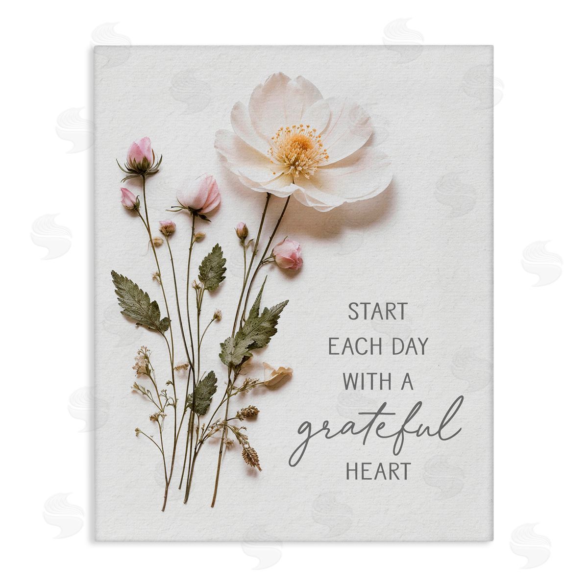 Lettered and Lined Grateful Heart Pressed Flowers Stretched Canvas Wall Art Print