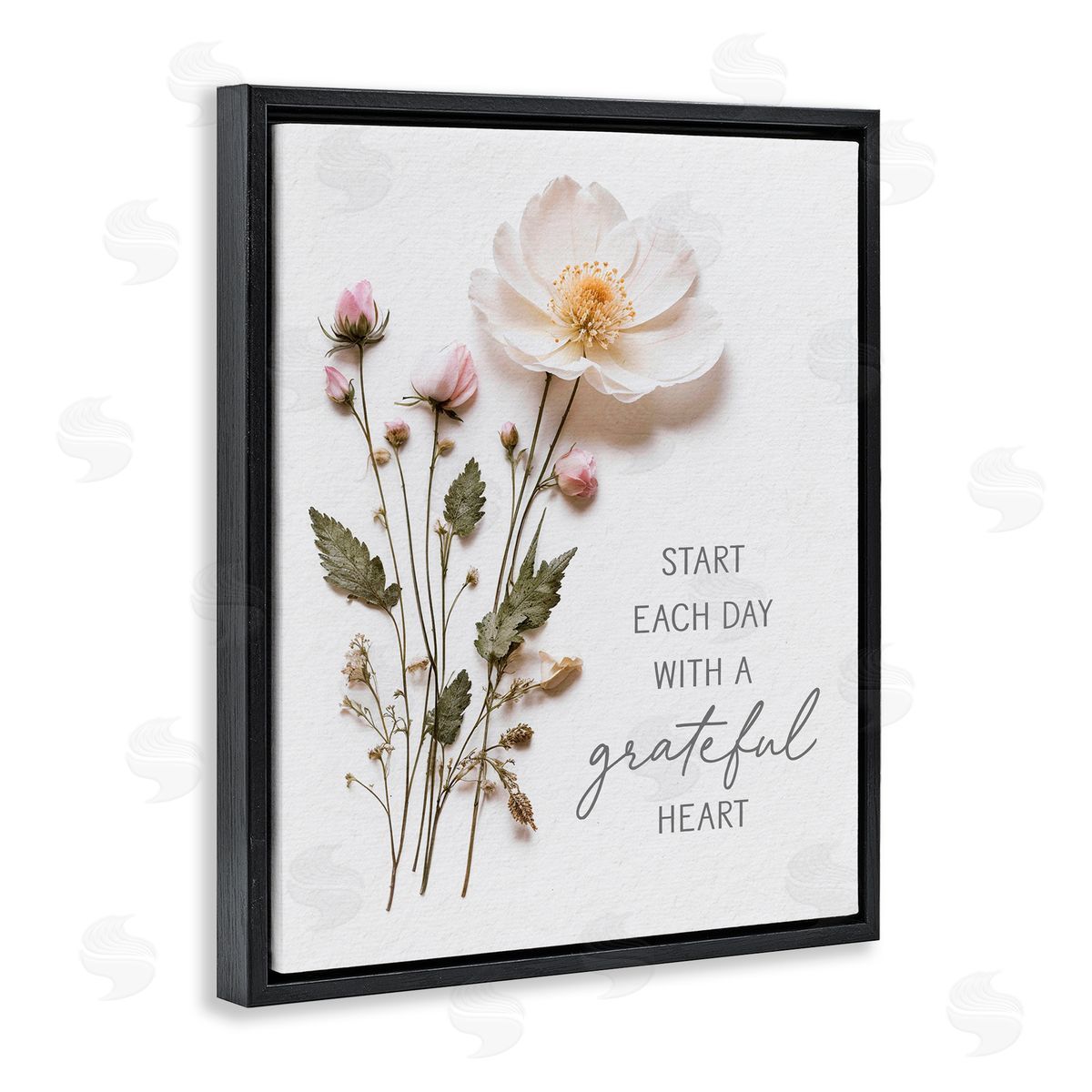 Lettered and Lined Grateful Heart Pressed Flowers Black Floating Frame Canvas Wall Art Print