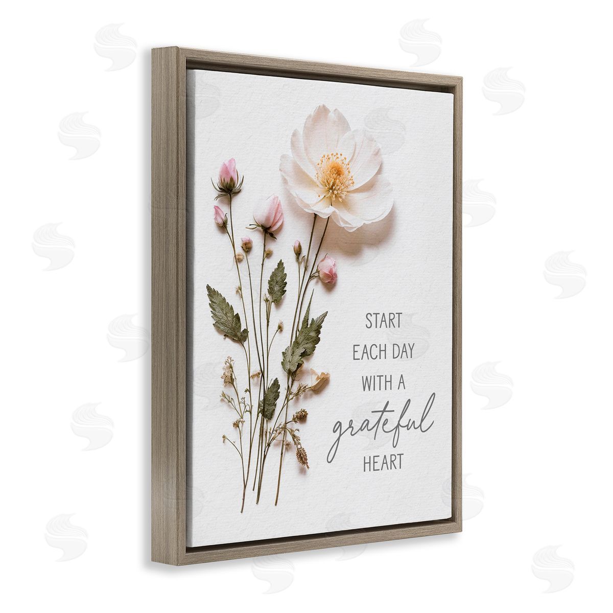 Lettered and Lined Grateful Heart Pressed Flowers Brown Floating Frame Canvas Wall Art Print