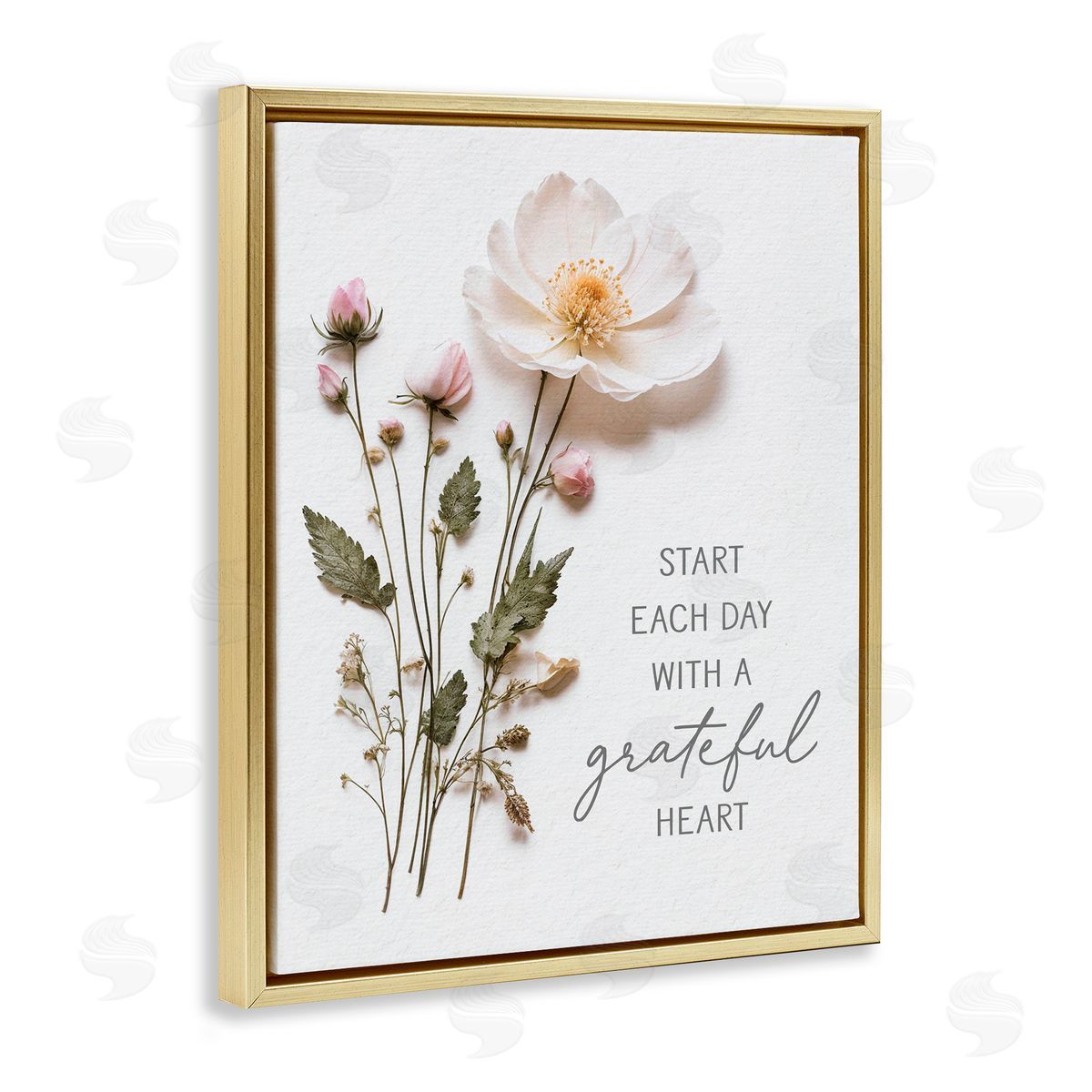 Lettered and Lined Grateful Heart Pressed Flowers Gold Floating Frame Canvas Wall Art Print