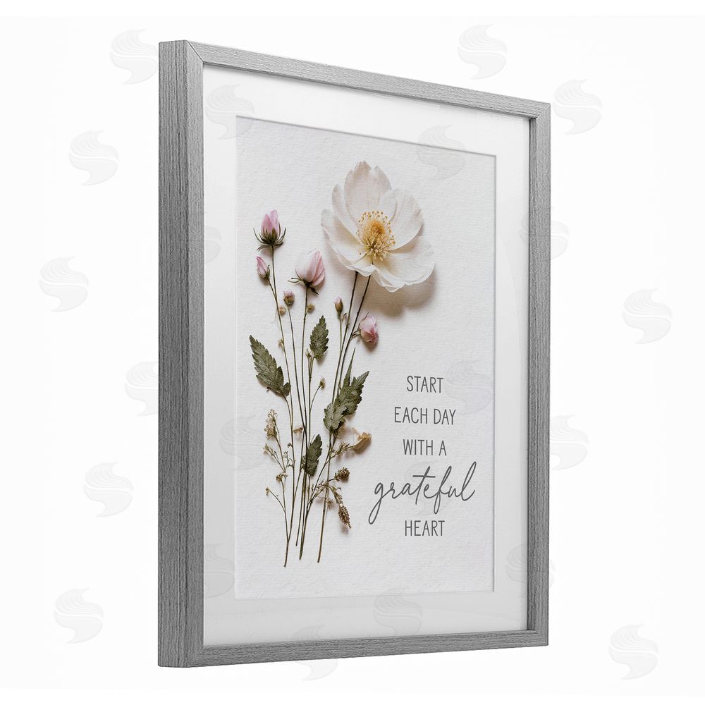 Lettered and Lined Grateful Heart Pressed Flowers Gray Framed Print Under Glass Wall Art