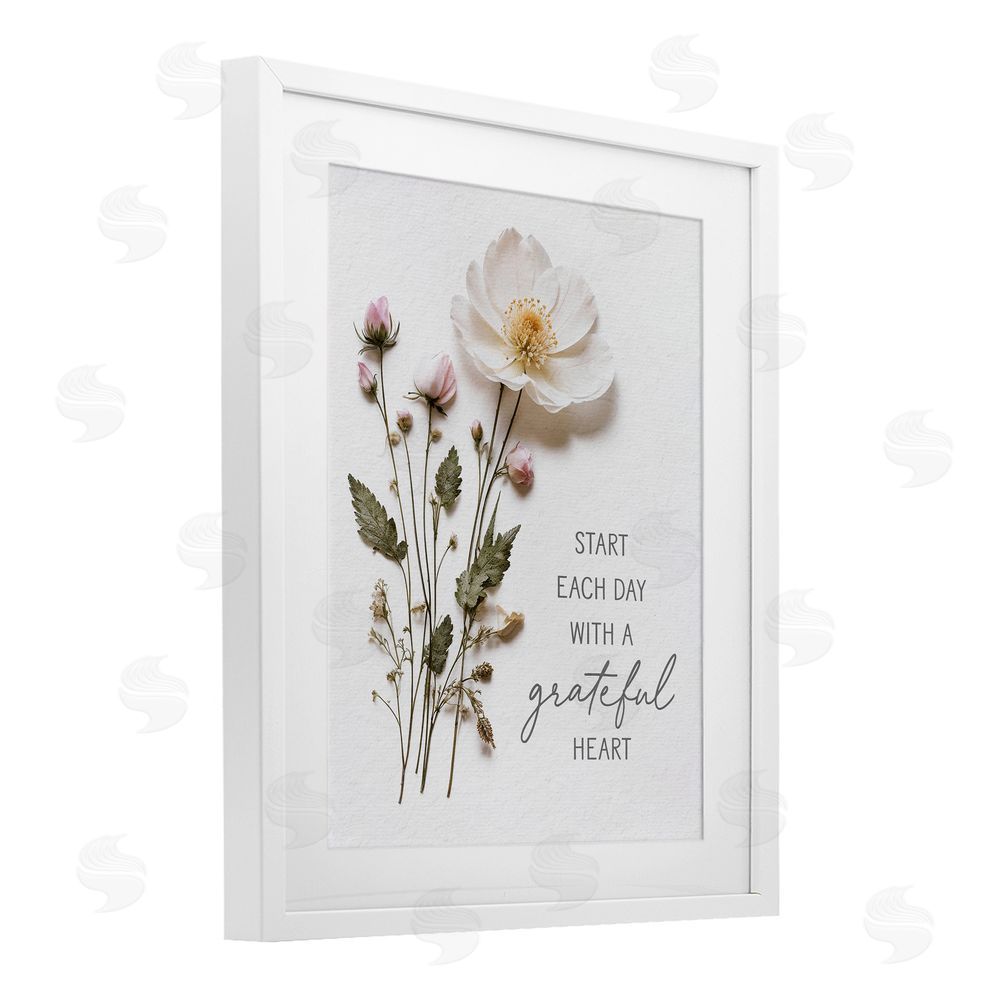 Lettered and Lined Grateful Heart Pressed Flowers White Framed Print Under Glass Wall Art