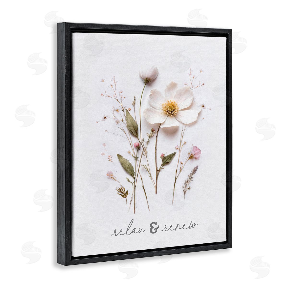Lettered and Lined Pressed Flower Relax & Renew Black Floating Frame Canvas Wall Art Print