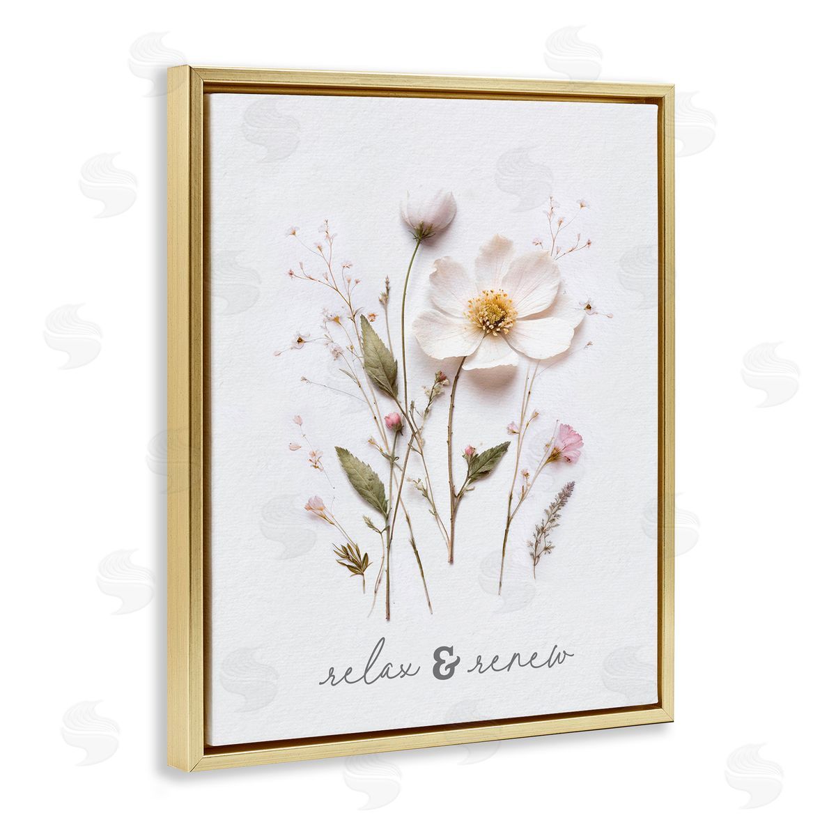 Lettered and Lined Pressed Flower Relax & Renew Gold Floating Frame Canvas Wall Art Print