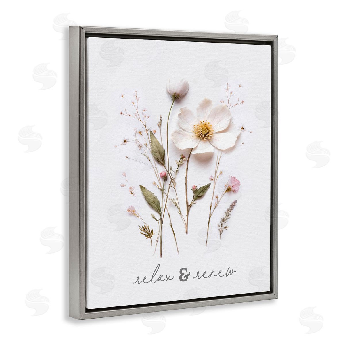 Lettered and Lined Pressed Flower Relax & Renew Gray Floating Frame Canvas Wall Art Print