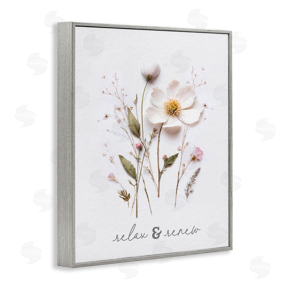 Lettered and Lined Pressed Flower Relax & Renew Gray Framed Giclee Print Wall Art