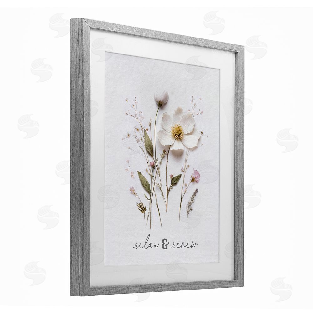 Lettered and Lined Pressed Flower Relax & Renew Gray Framed Print Under Glass Wall Art