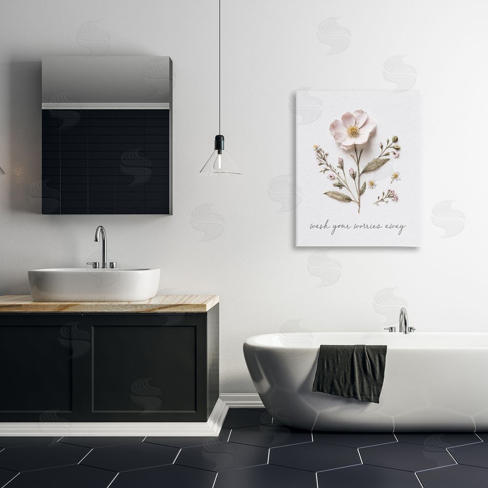 Lettered and Lined Pressed Flower Wash Worries Away Stretched Canvas Wall Art Print in Room