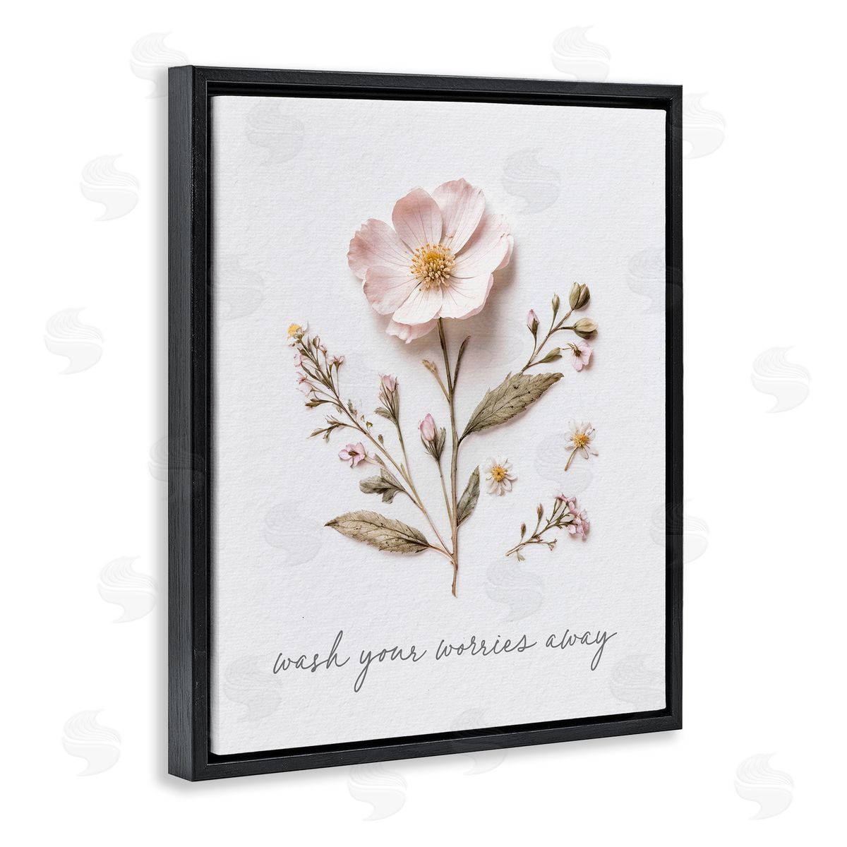 Lettered and Lined Pressed Flower Wash Worries Away Black Floating Frame Canvas Wall Art Print