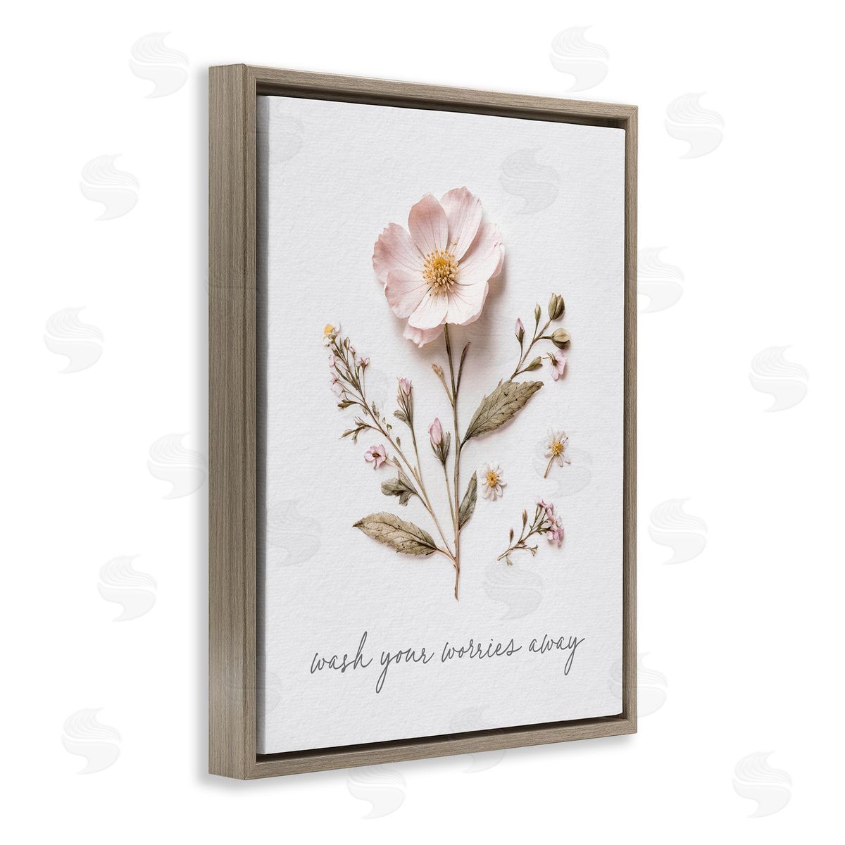 Lettered and Lined Pressed Flower Wash Worries Away Brown Floating Frame Canvas Wall Art Print