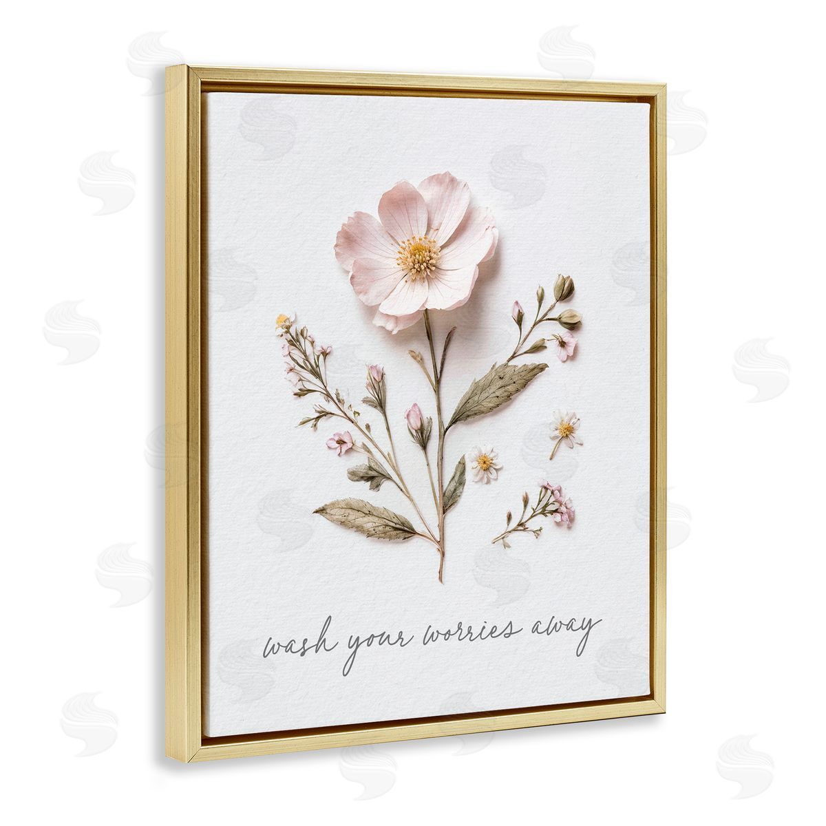 Lettered and Lined Pressed Flower Wash Worries Away Gold Floating Frame Canvas Wall Art Print