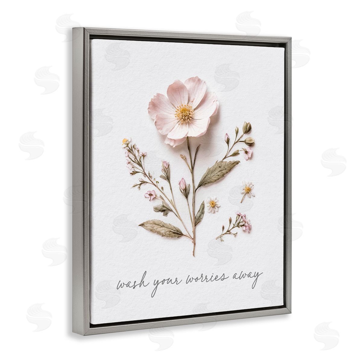 Lettered and Lined Pressed Flower Wash Worries Away Gray Floating Frame Canvas Wall Art Print
