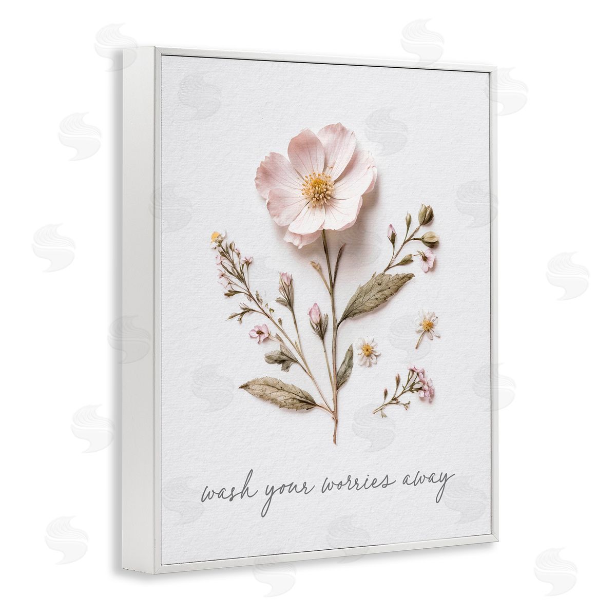 Lettered and Lined Pressed Flower Wash Worries Away White Framed Giclee Print Wall Art