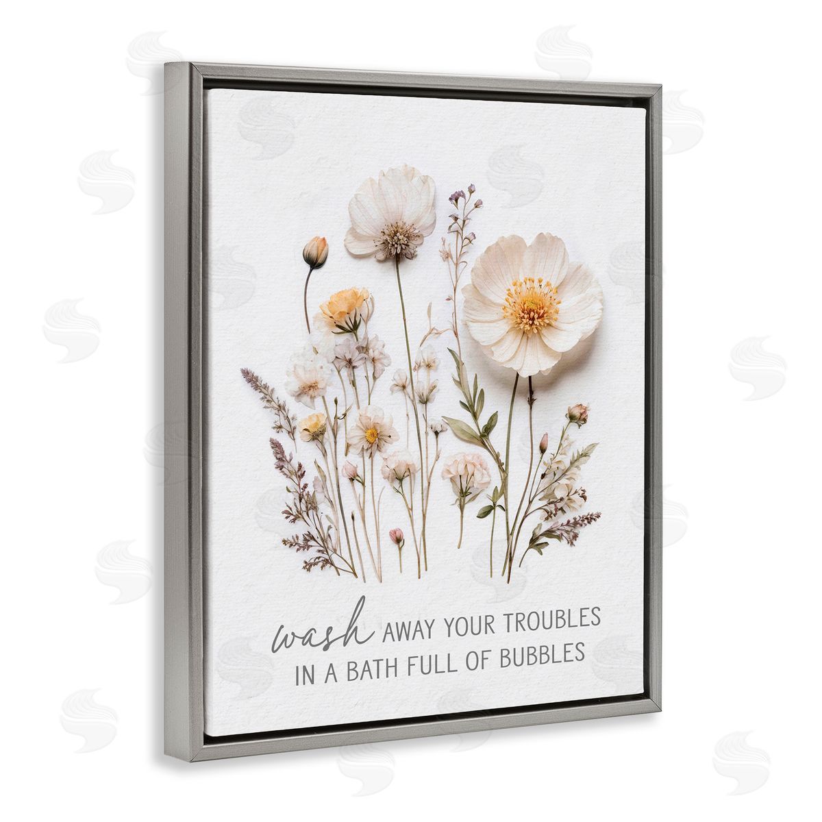 Lettered and Lined Pressed Flowers Wash Away Troubles Gray Floating Frame Canvas Wall Art Print