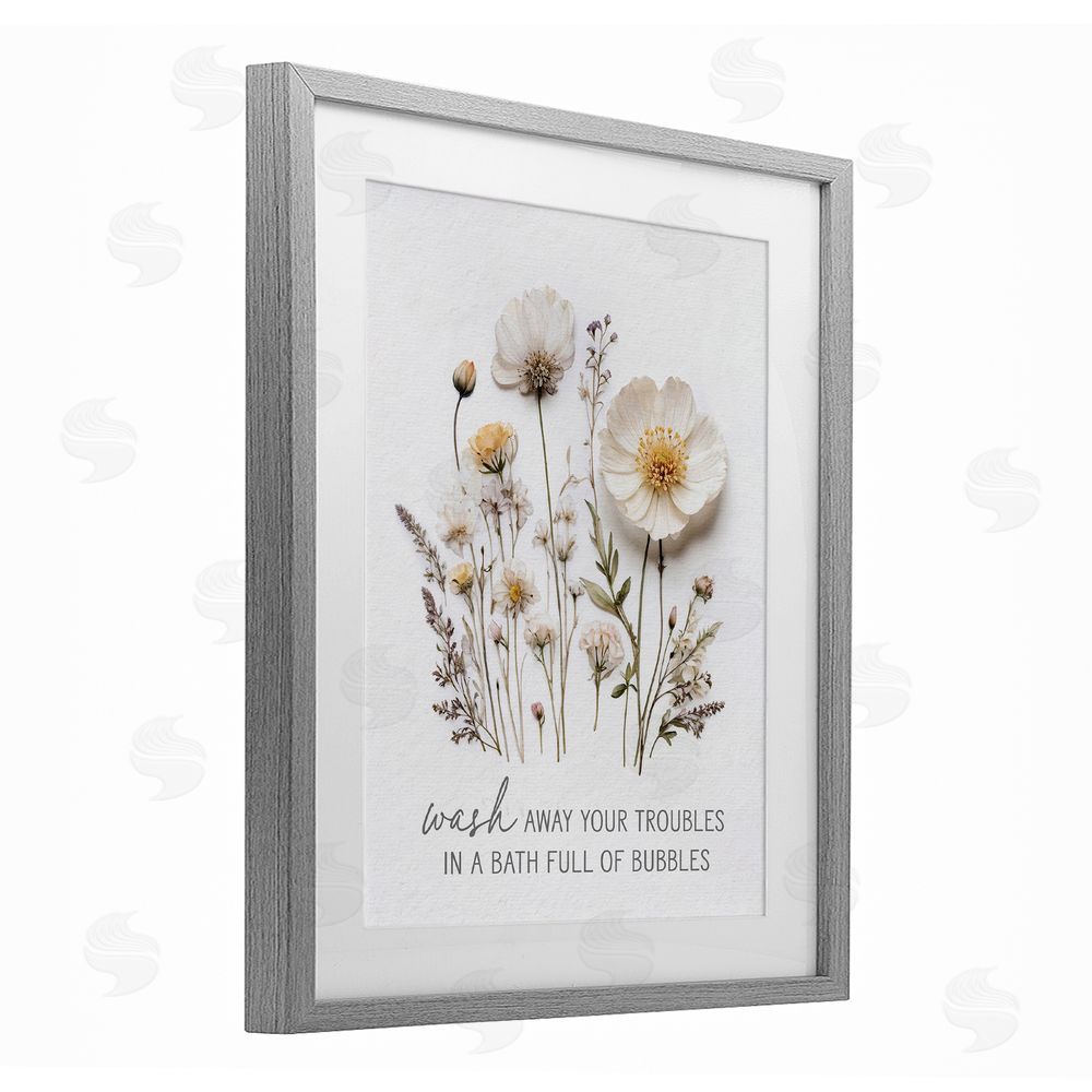 Lettered and Lined Pressed Flowers Wash Away Troubles Gray Framed Print Under Glass Wall Art