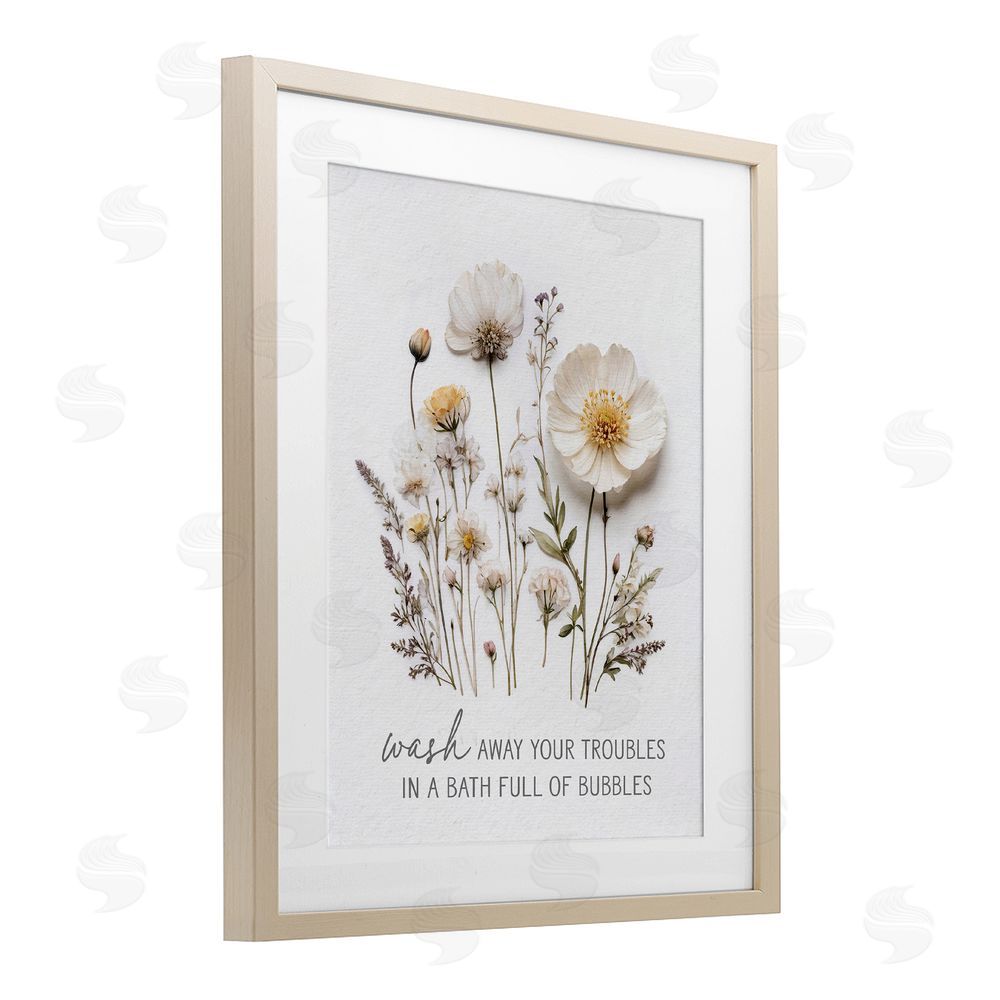 Lettered and Lined Pressed Flowers Wash Away Troubles Brown Framed Print Under Glass Wall Art