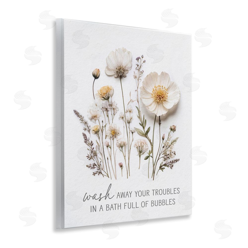 Lettered and Lined Pressed Flowers Wash Away Troubles Wooden Wall Plaque Art Print