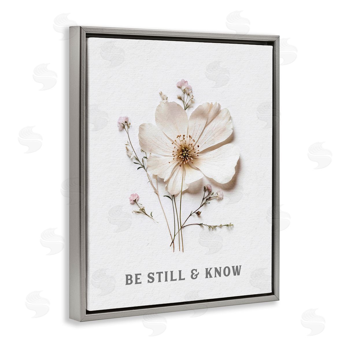 Lettered and Lined Be Still & Know Pressed Flowers Gray Floating Frame Canvas Wall Art Print