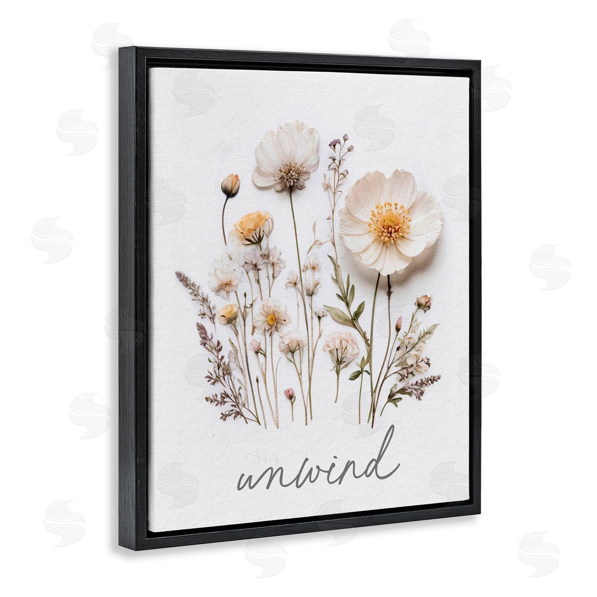 Lettered and Lined Pressed Flowers Unwind Black Floating Frame Canvas Wall Art Print