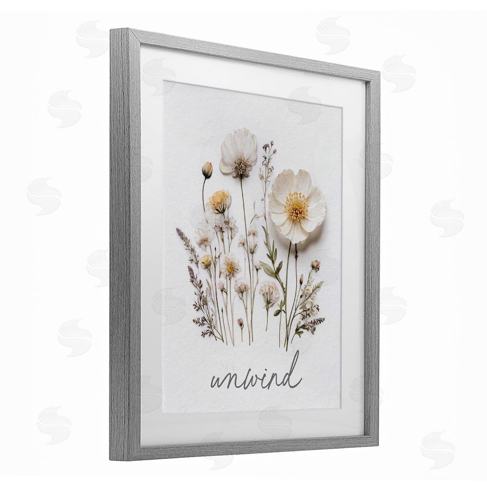 Lettered and Lined Pressed Flowers Unwind Gray Framed Print Under Glass Wall Art