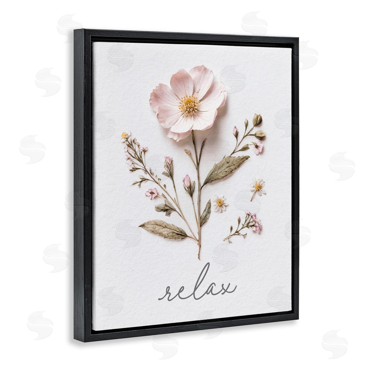 Lettered and Lined Pressed Flowers Relax Black Floating Frame Canvas Wall Art Print