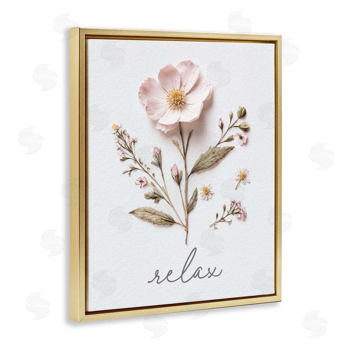Lettered and Lined Pressed Flowers Relax Gold Floating Frame Canvas Wall Art Print