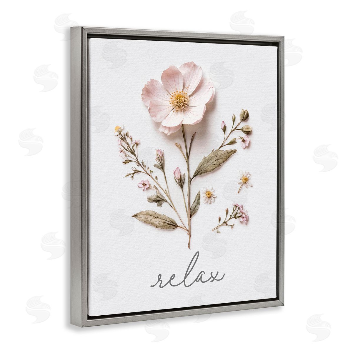 Lettered and Lined Pressed Flowers Relax Gray Floating Frame Canvas Wall Art Print