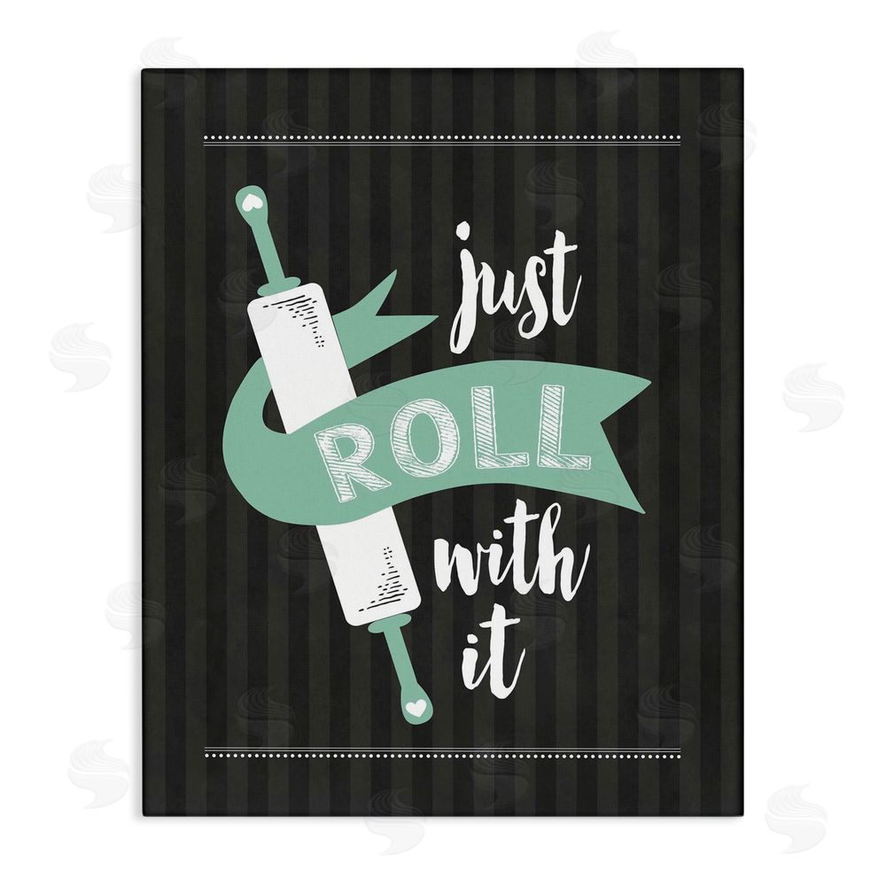 Lettered and Lined Roll With It Black & Green Stretched Canvas Wall Art Print