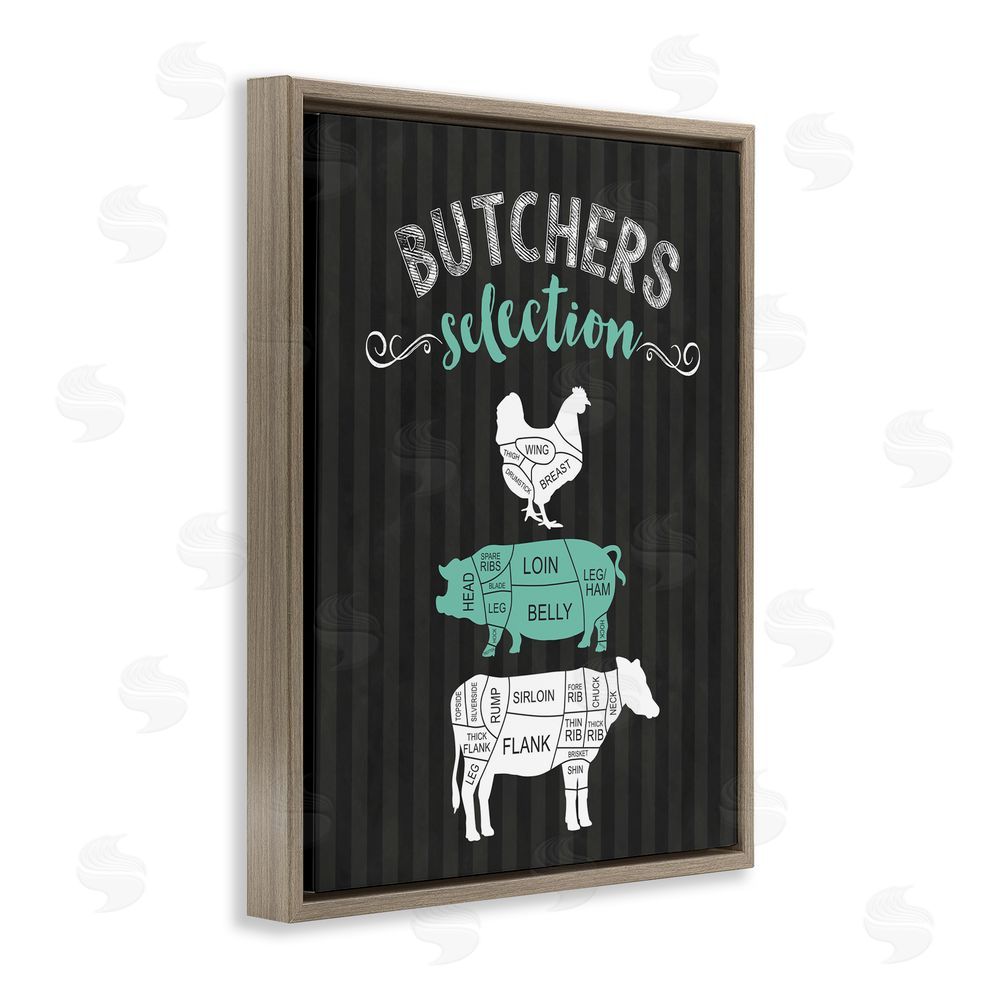 Lettered and Lined Butchers Selection Black & Green Brown Floating Frame Canvas Wall Art Print