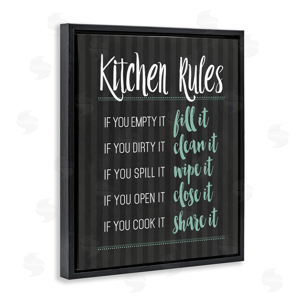 Lettered and Lined Kitchen Rules Black & Green Black Floating Frame Canvas Wall Art Print