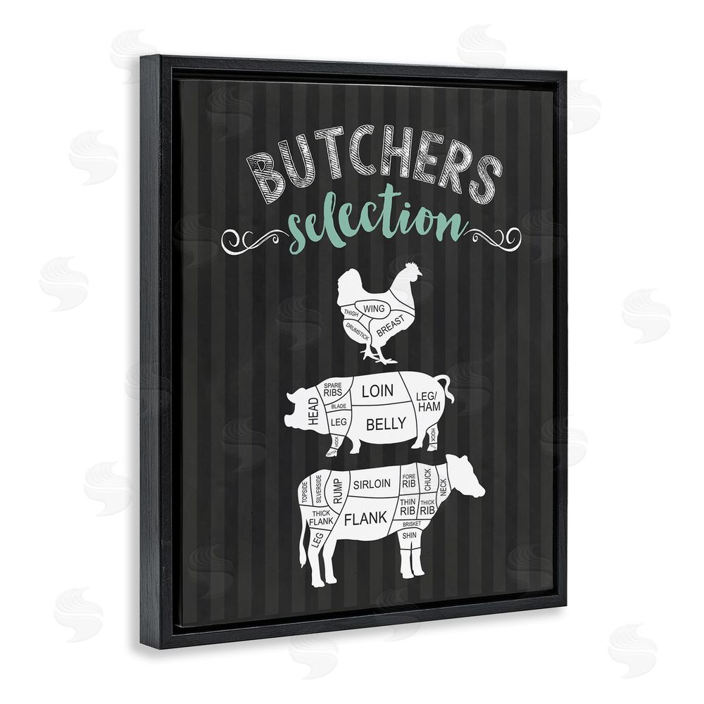 Lettered and Lined Butchers Selection Animal Sections Black Floating Frame Canvas Wall Art Print