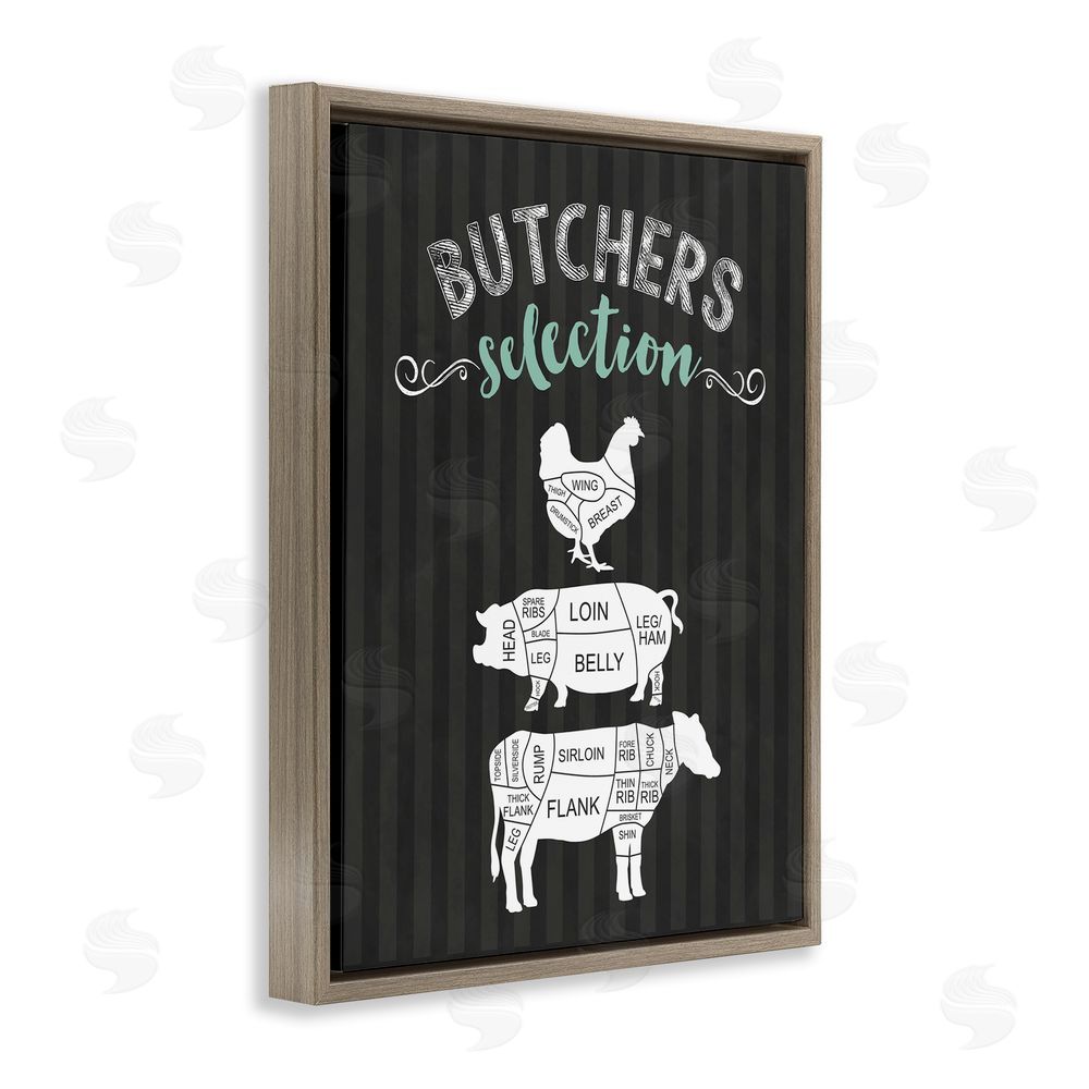 Lettered and Lined Butchers Selection Animal Sections Brown Floating Frame Canvas Wall Art Print