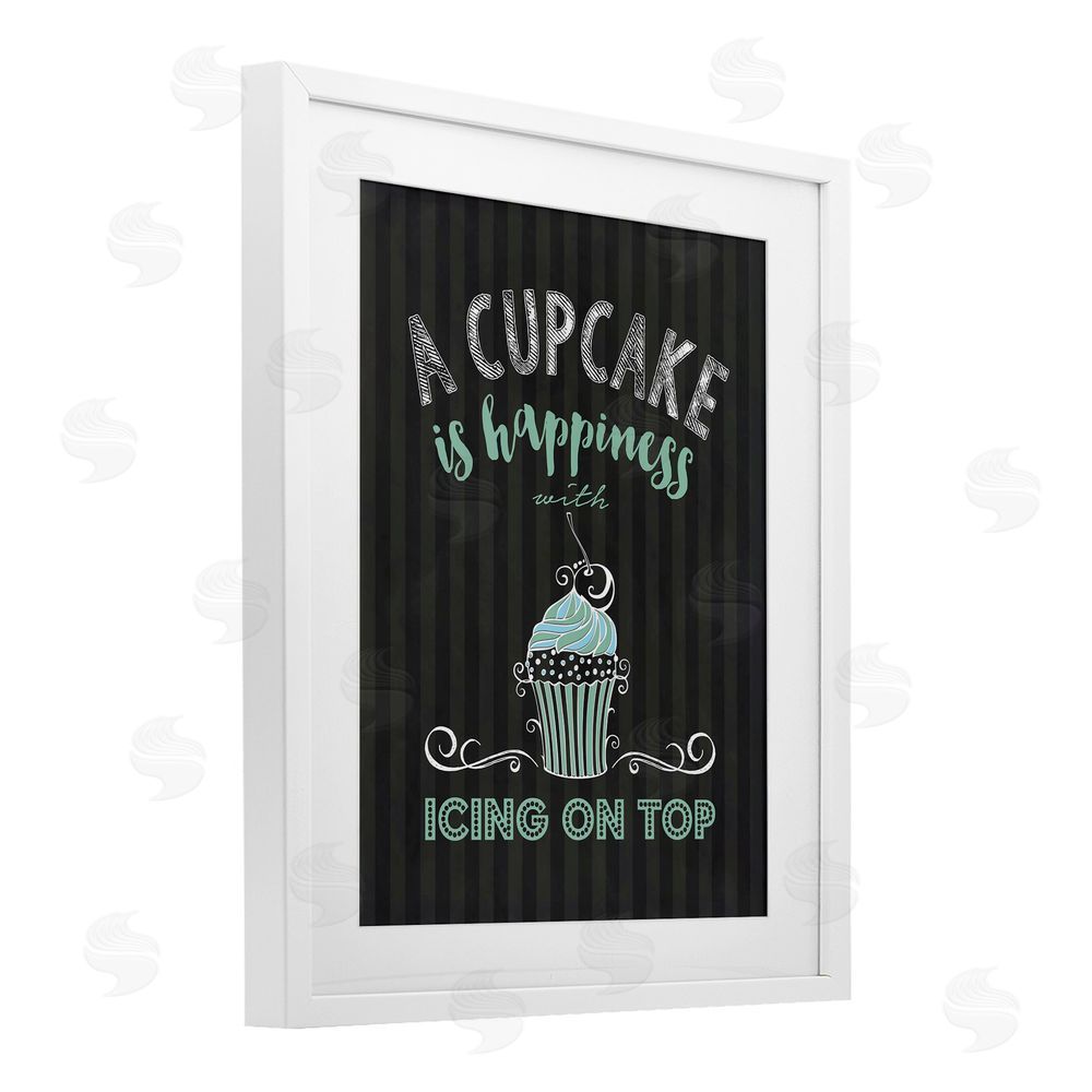 Lettered and Lined Cupcake Is Happiness with Icing White Framed Print Under Glass Wall Art