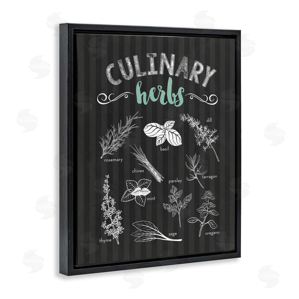 Lettered and Lined Culinary Herbs on Stripes Black Floating Frame Canvas Wall Art Print