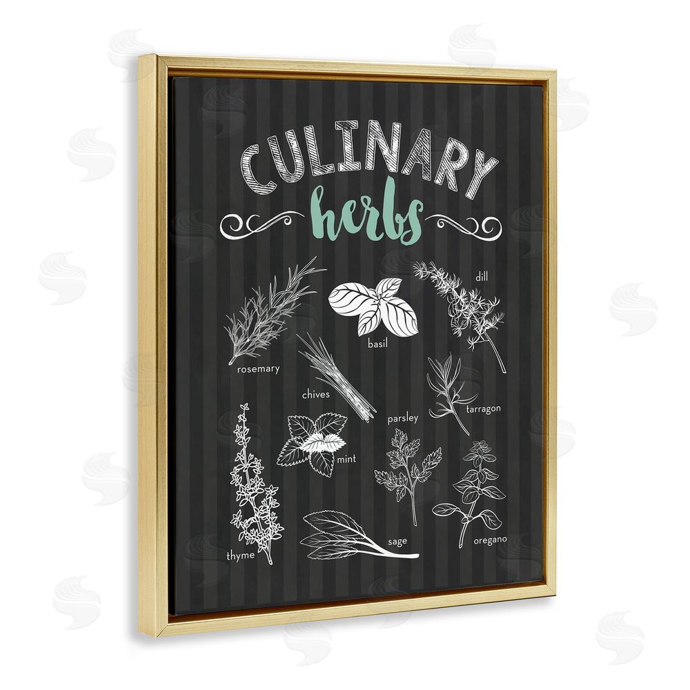 Lettered and Lined Culinary Herbs on Stripes Gold Floating Frame Canvas Wall Art Print