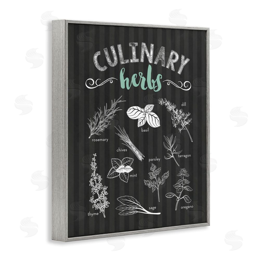 Lettered and Lined Culinary Herbs on Stripes Gray Framed Giclee Print Wall Art