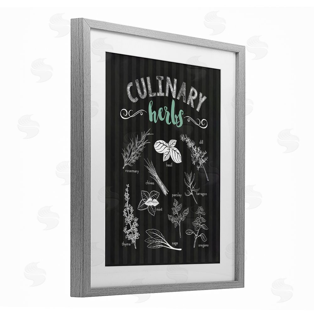 Lettered and Lined Culinary Herbs on Stripes Gray Framed Print Under Glass Wall Art