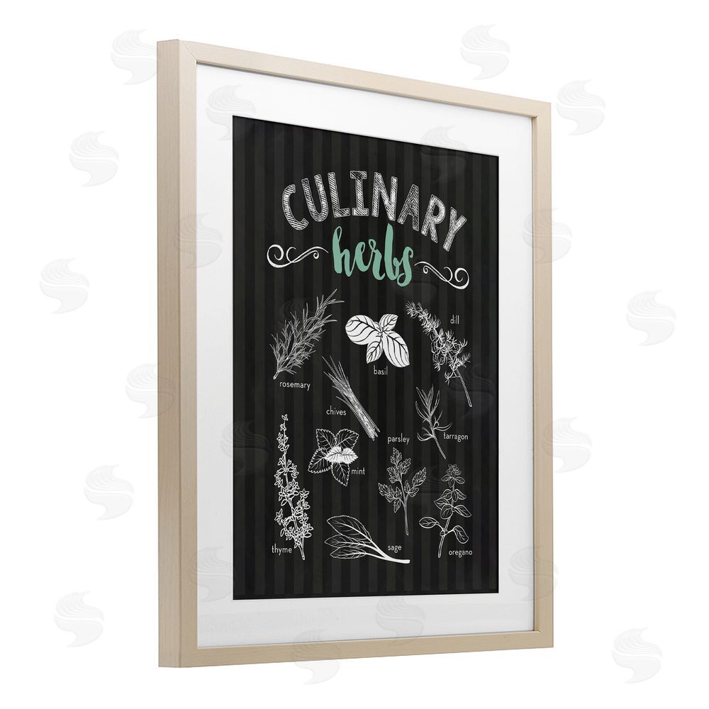 Lettered and Lined Culinary Herbs on Stripes Brown Framed Print Under Glass Wall Art