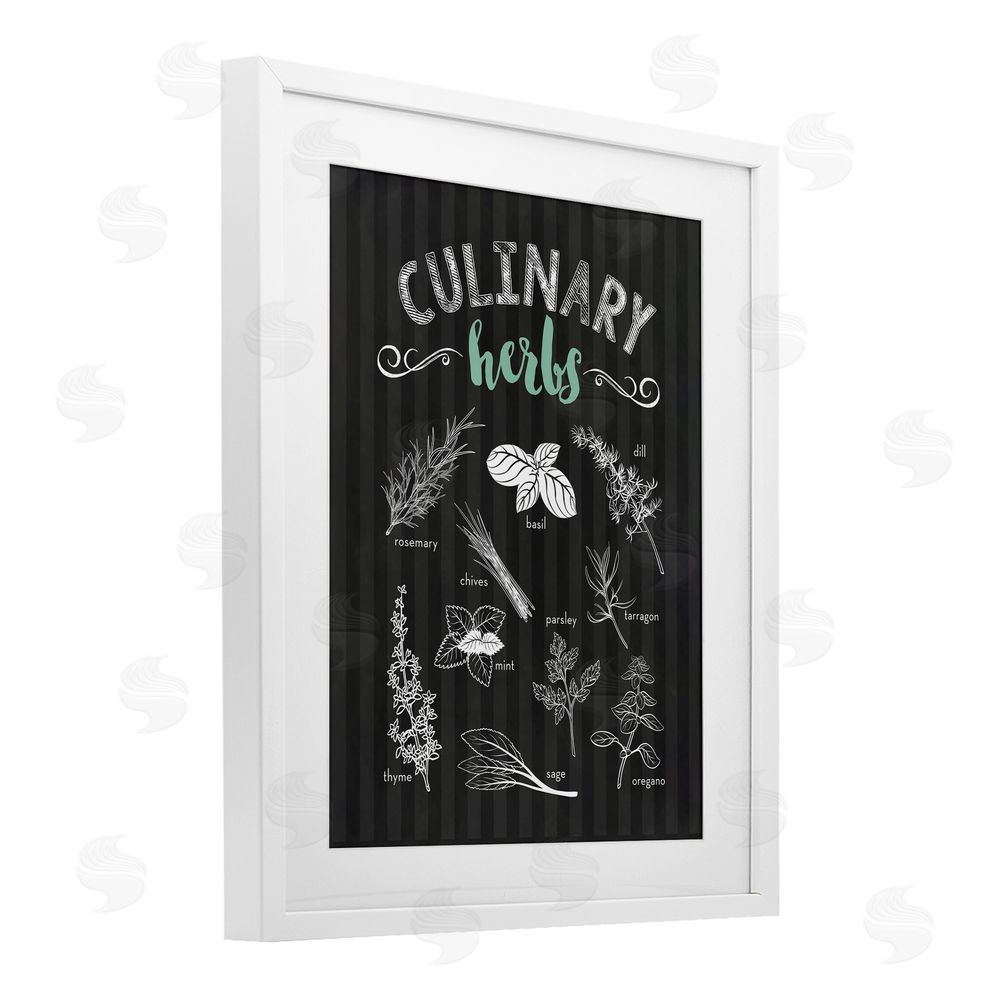 Lettered and Lined Culinary Herbs on Stripes White Framed Print Under Glass Wall Art