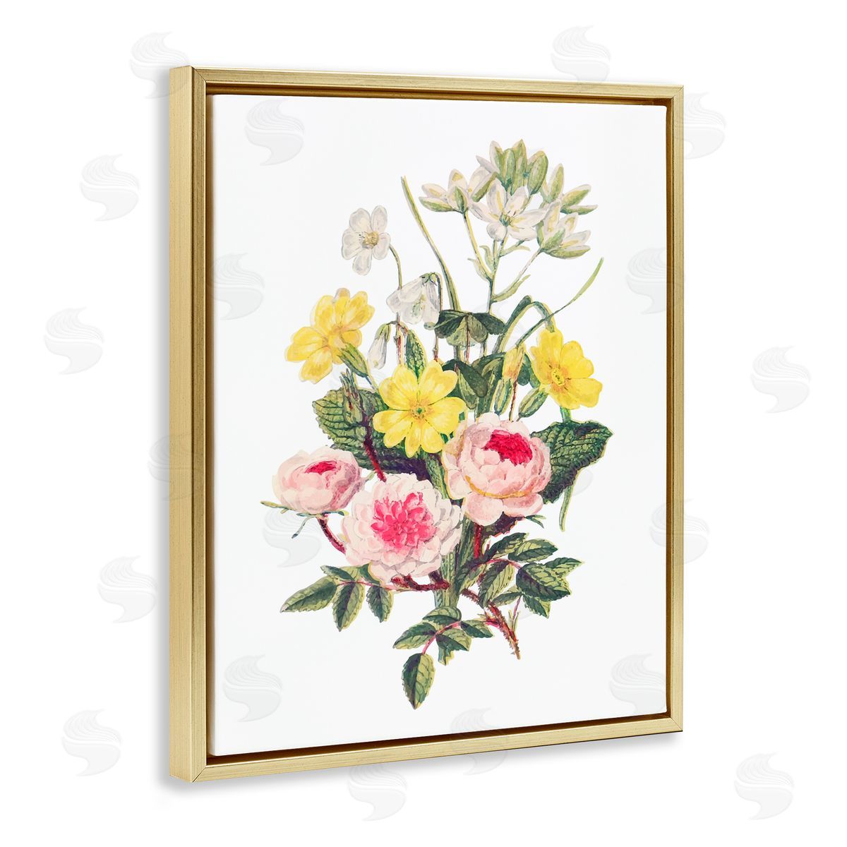 Lettered and Lined Bushel of Wild Florals Gold Floating Frame Canvas Wall Art Print