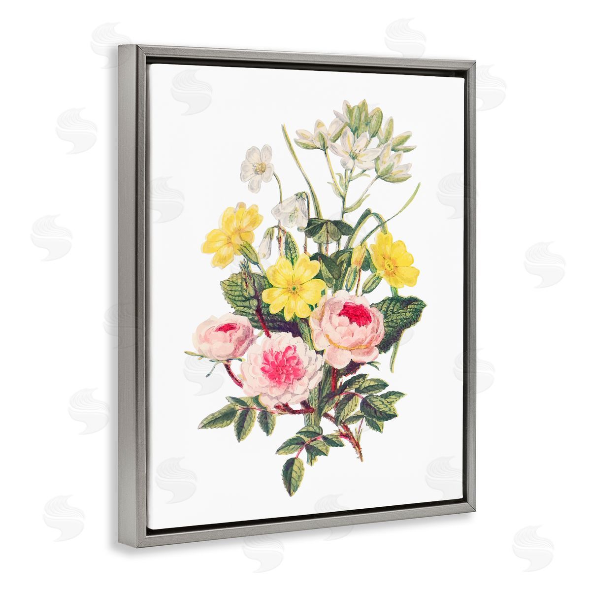 Lettered and Lined Bushel of Wild Florals Gray Floating Frame Canvas Wall Art Print