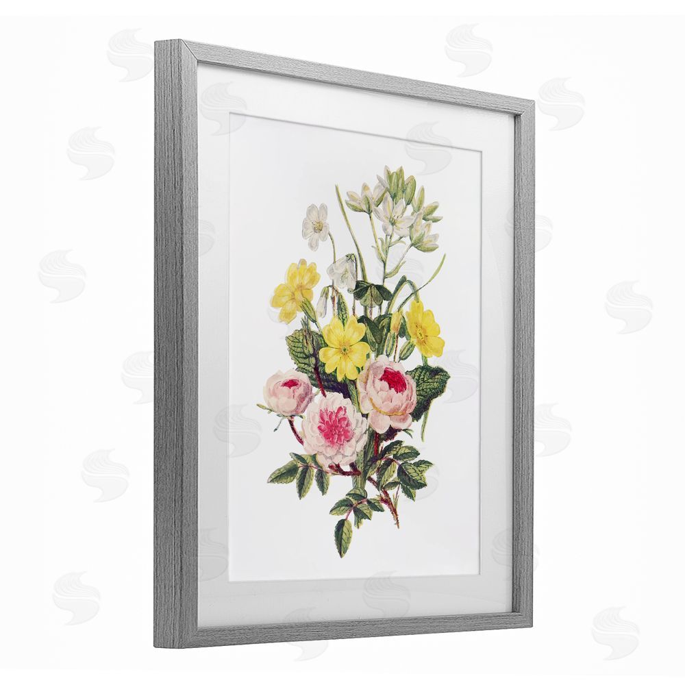 Lettered and Lined Bushel of Wild Florals Gray Framed Print Under Glass Wall Art