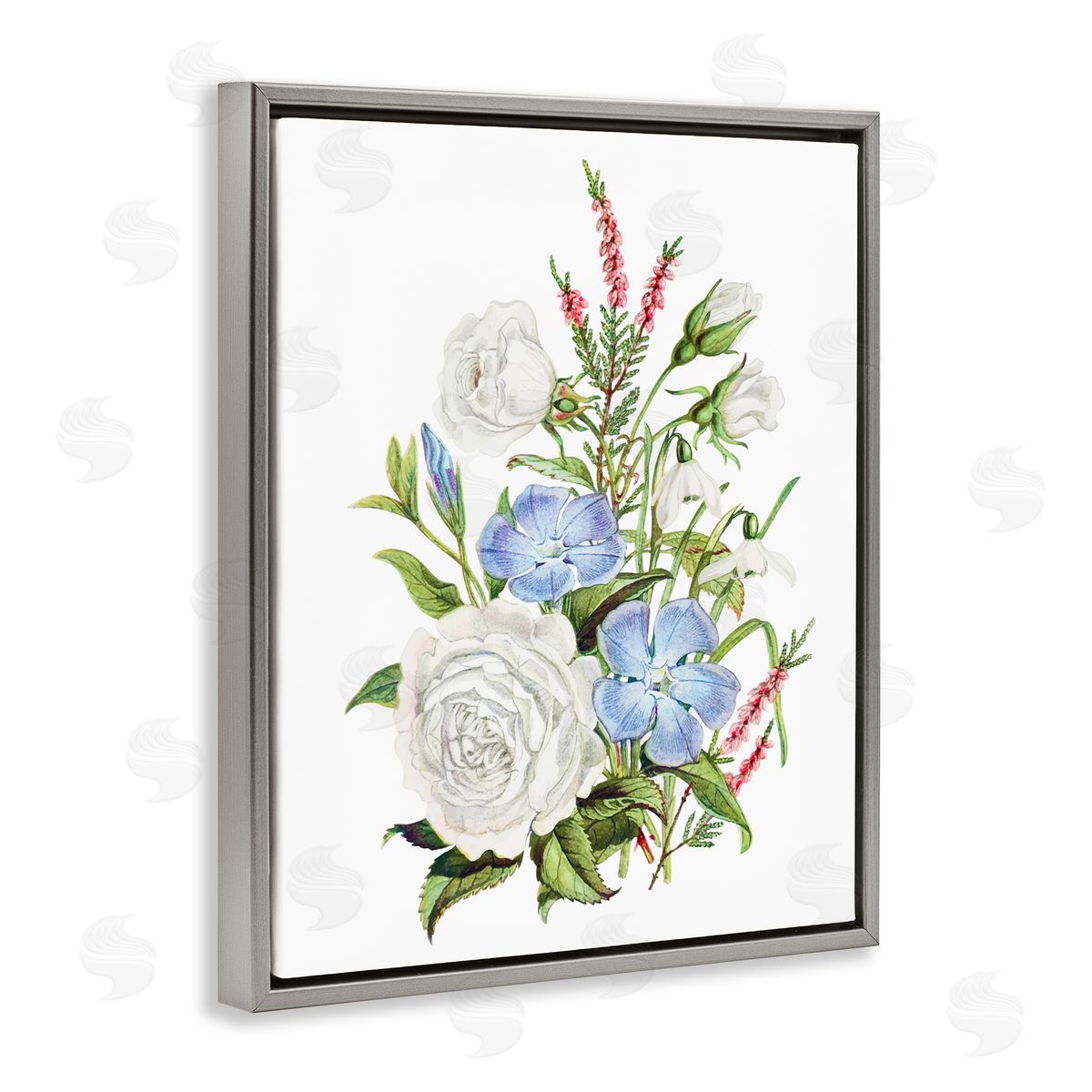 Lettered and Lined Bountiful Floral Bouquet Gray Floating Frame Canvas Wall Art Print